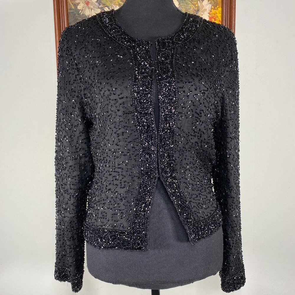Vintage Lawrence Kazar NY 100% Silk Jacket Women's PS Black Beaded VTG